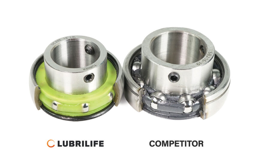 Two bearing inserts. The front seal is removed and the outer rings have a cutaway to demonstrate the difference in the polymer fills.